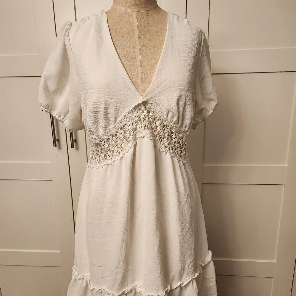 Liberty Love Boho White Summer Dress L | Ruffle Hem Bubble Sleeve Midi